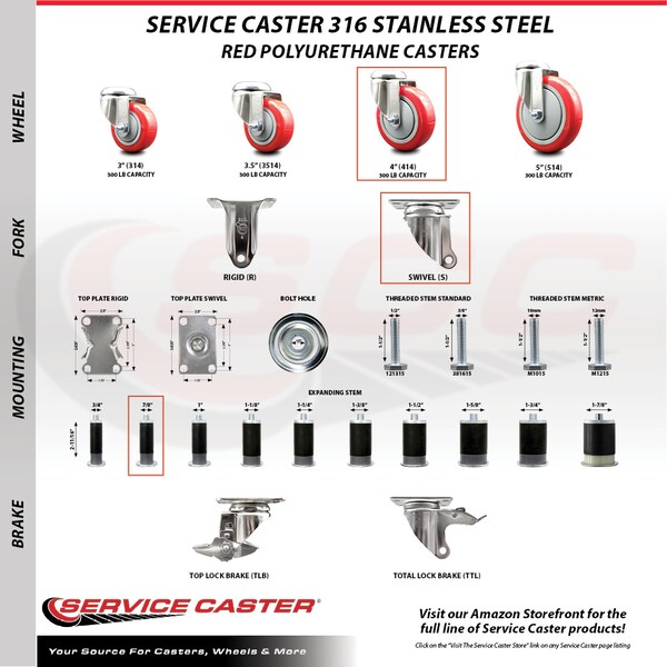 Service Caster 4 Inch 316SS Red Poly Swivel 7/8 Inch Expanding Stem Caster Lock Brake, 2PK SS316TTLEX20S414-PPUB-RED-2-S-2-78 - main